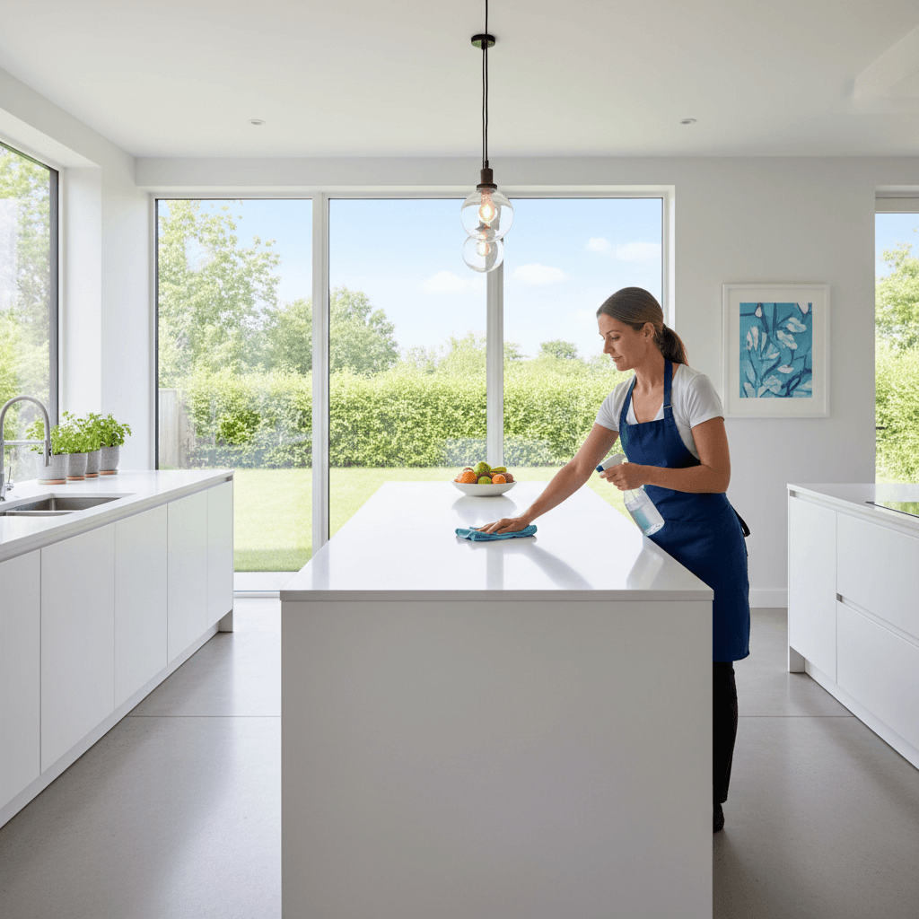 Professional cleaner wiping a kitchen counter in a bright modern home