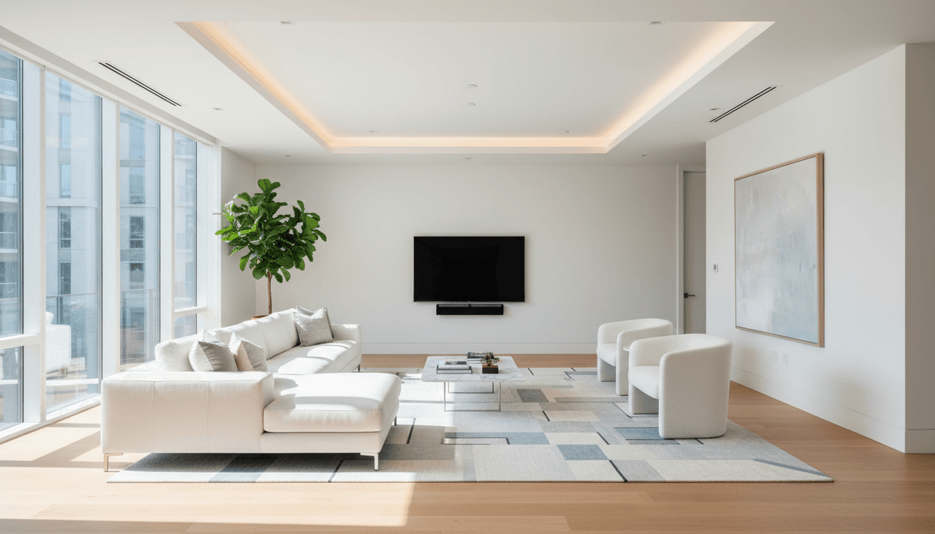 Bright and clean modern living room with a white sofa and natural light