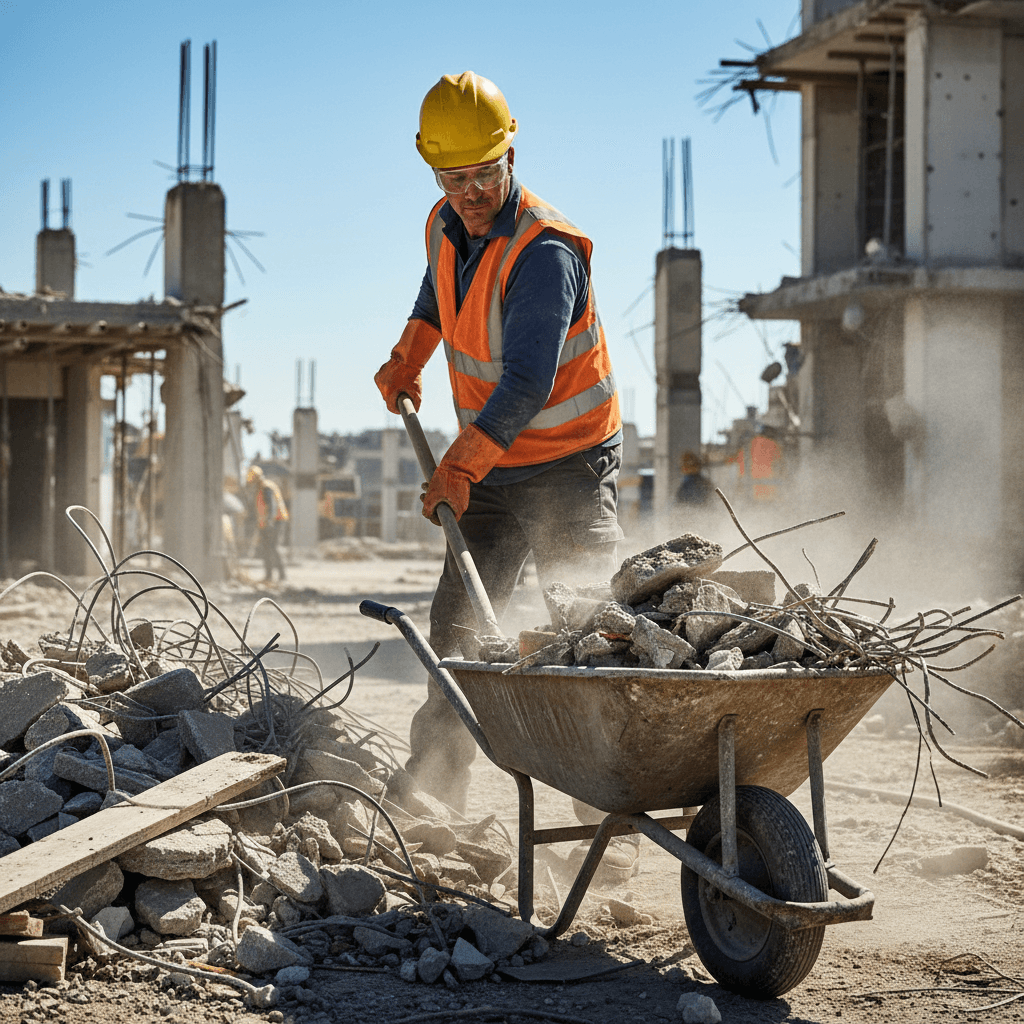 Worker in safety gear cleaning up a construction site