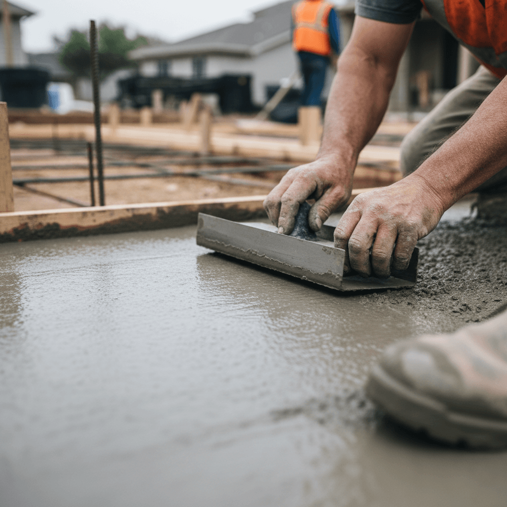 Worker's hands smoothing fresh concrete edges with a hand trowel