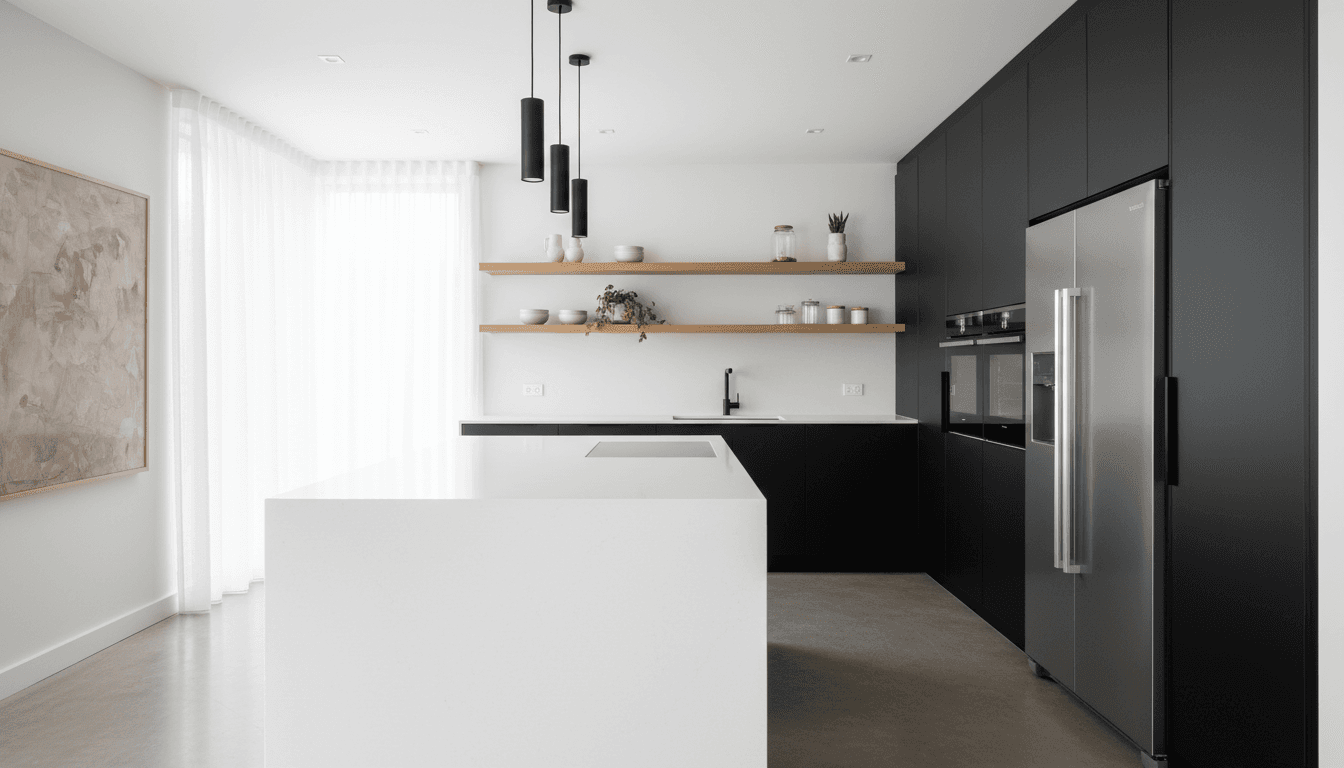 Empty kitchen with gleaming white countertops and stainless steel sink