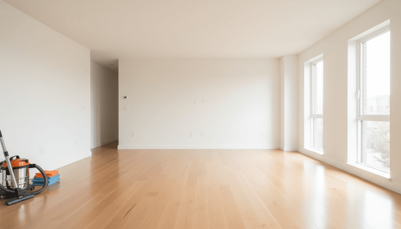 Bright daylight medium shot empty living room with polished floors and spotless windows after a professional move-out clean