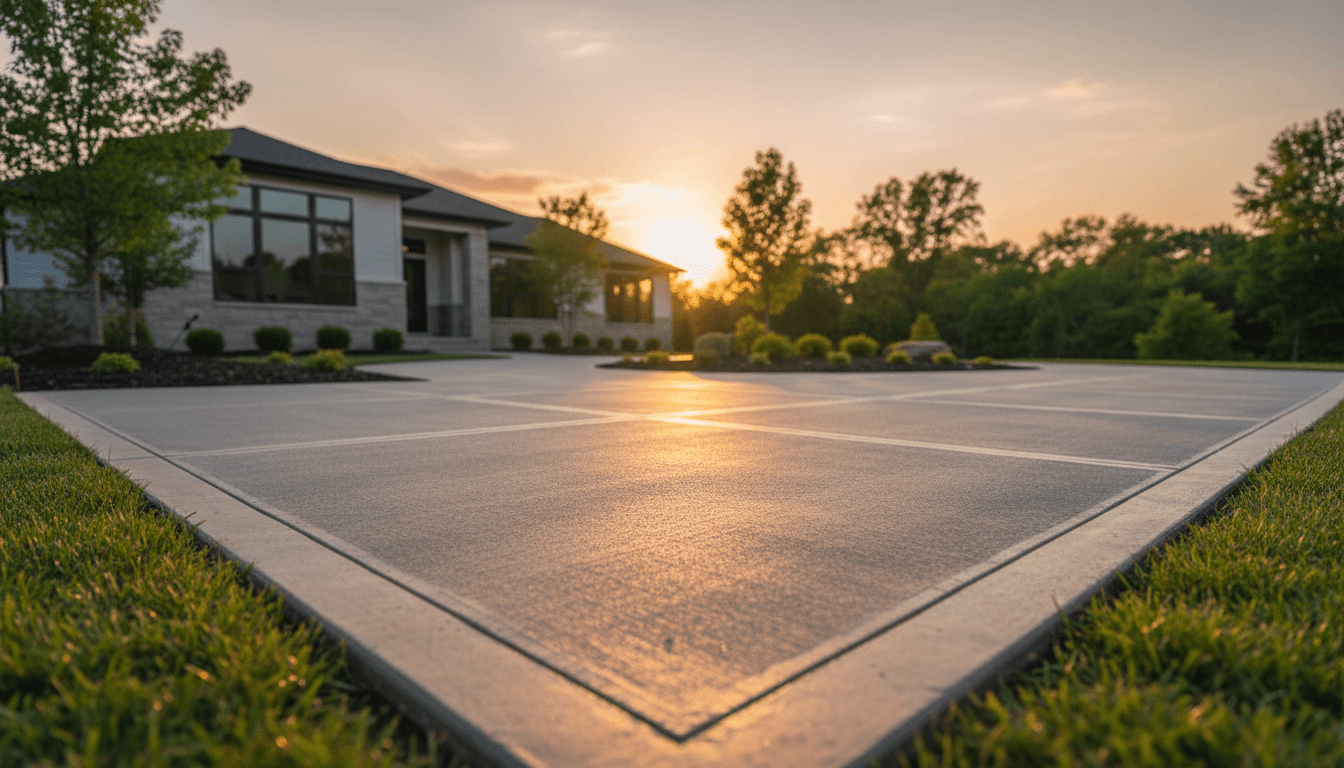 Newly poured residential concrete driveway leading to a suburban home