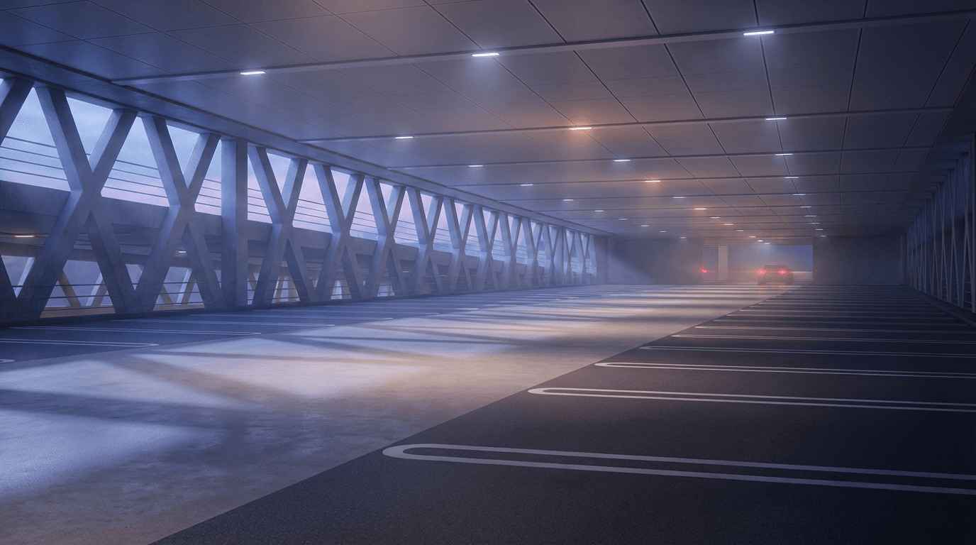 High-angle documentary shot of a commercial concrete parking lot freshly finished, crisp painted white lines and dark asphalt-like concrete in sharp contrast, wide open space with small utility truck parked far at the edge, overhead harsh sunlight creating defined shadows, no text or logos, industrial realistic palette of grays and blacks