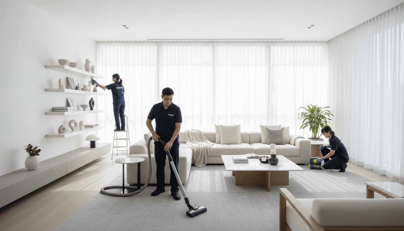 Professional cleaning team vacuuming and dusting modern living room filled with natural afternoon light