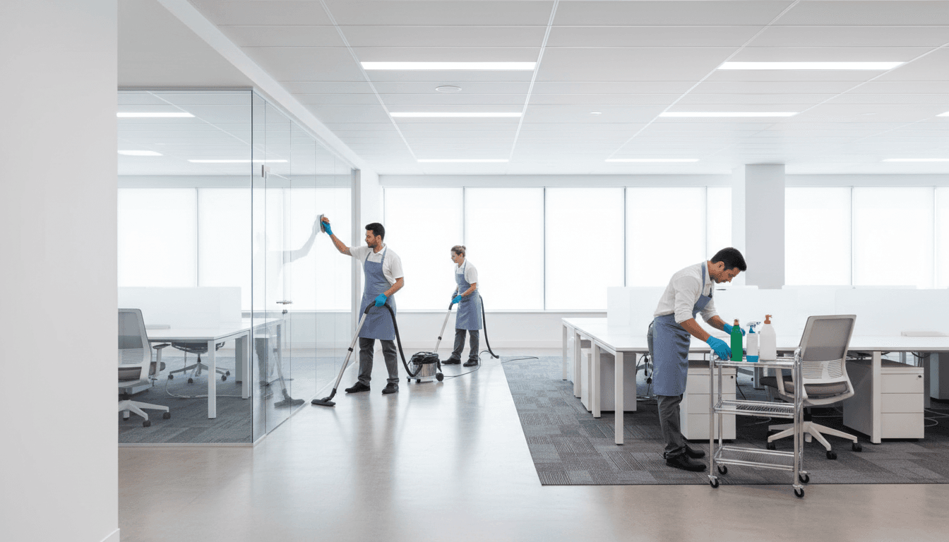 Professional cleaning team working together in a bright modern office space with coordinated uniforms