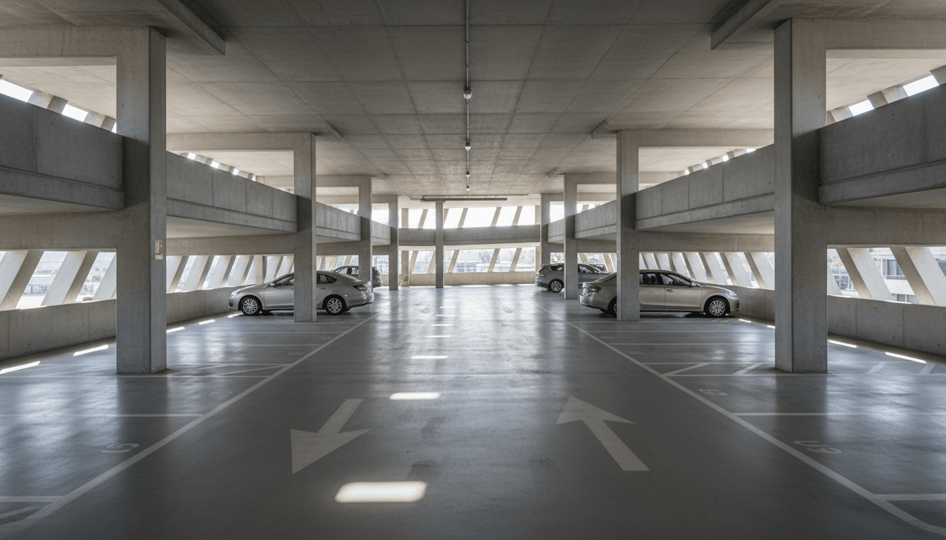 Large commercial concrete parking lot with fresh paving
