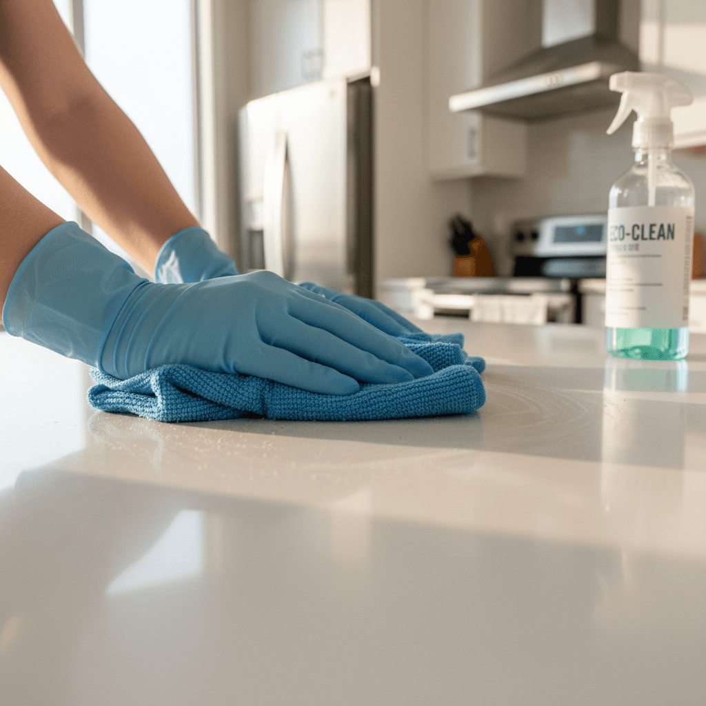 Gloved hand scrubbing a baseboard in a clean kitchen