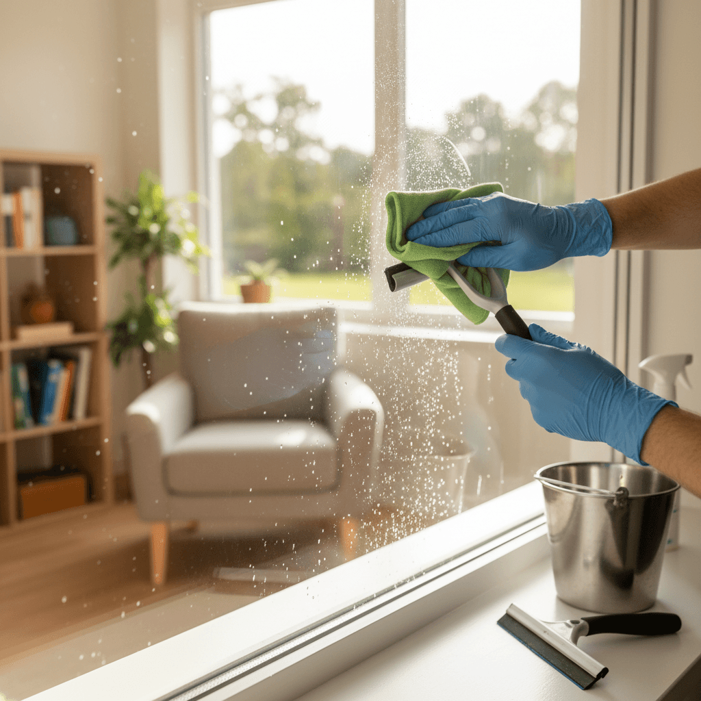 Soft natural light close-up squeegee gliding down a large residential window leaving crystal clear streak-free glass