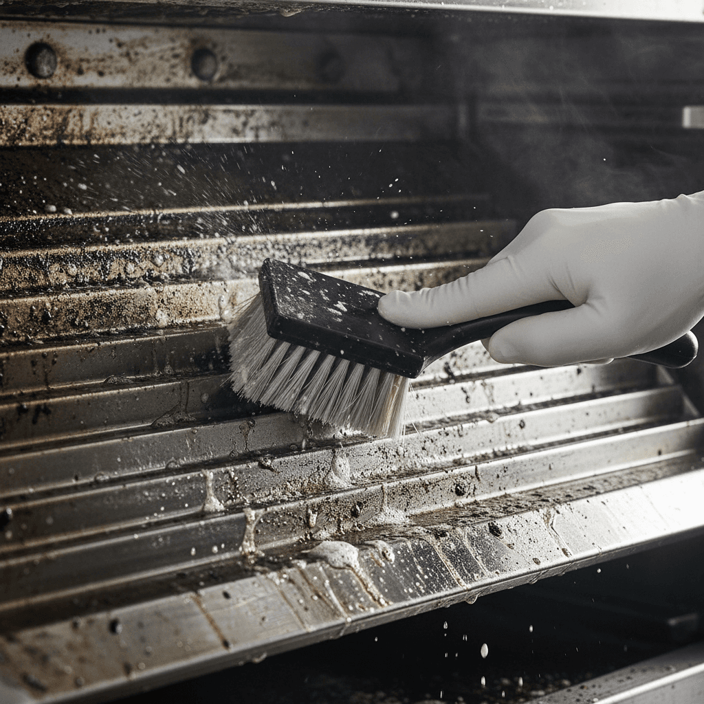 Honest documentary style close-up professional cleaning the inside of an oven rack with a scrub pad removing baked-on grease