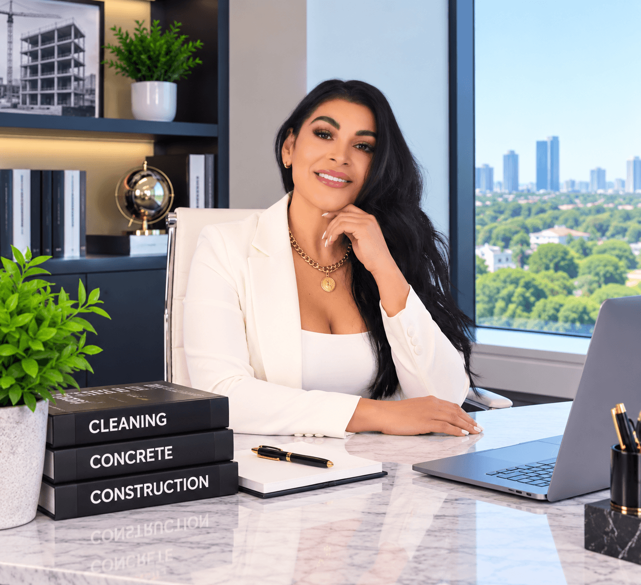 Smiling professional woman in a white blazer at a marble desk with construction-themed books and laptop.