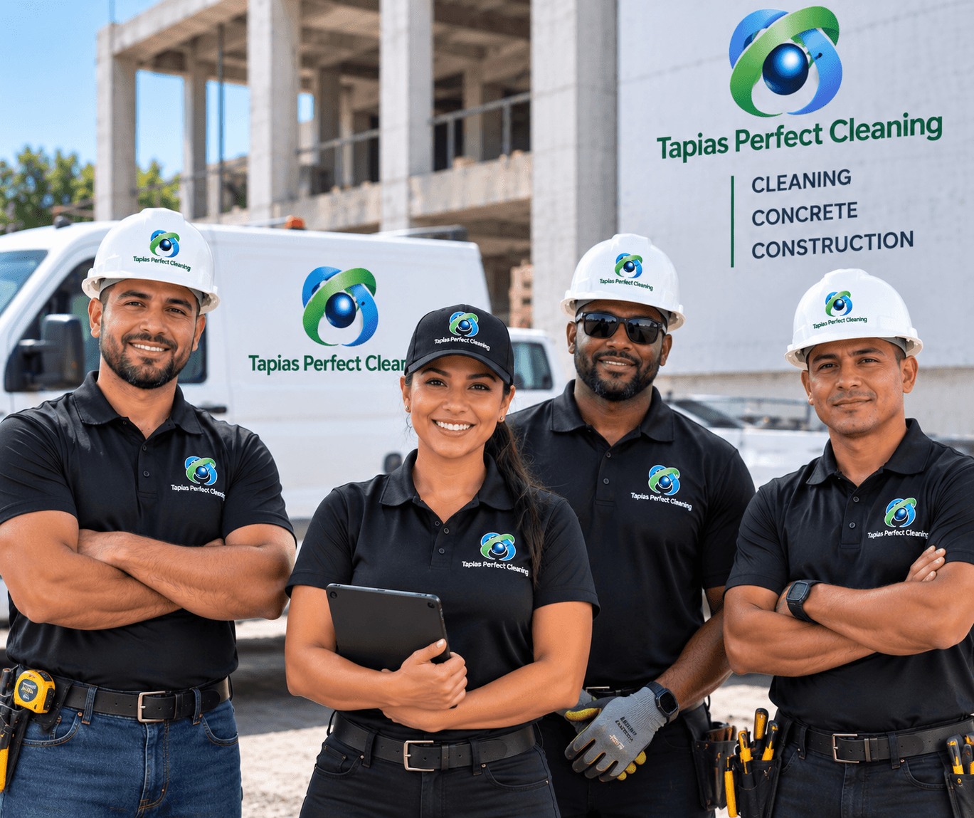 Smiling Tapias Perfect Cleaning crew in uniform posing at a construction site with a van.